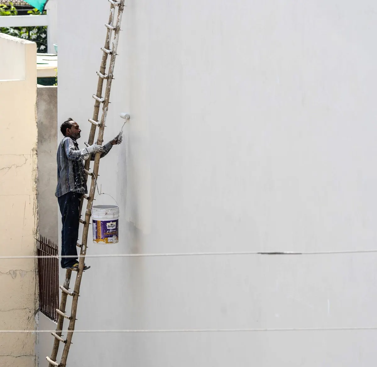 A painter on a ladder painting a white wall
