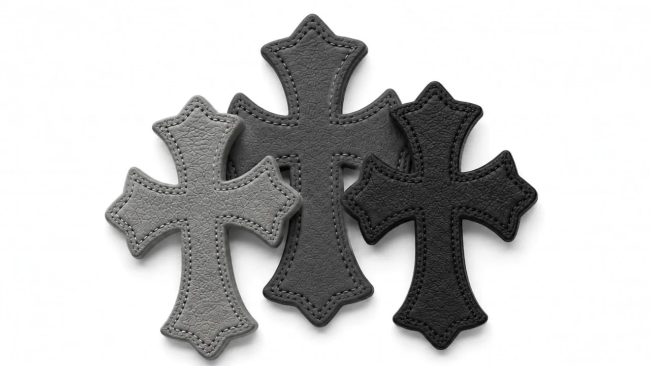 Three stitched cross forms in black and grey on a white surface