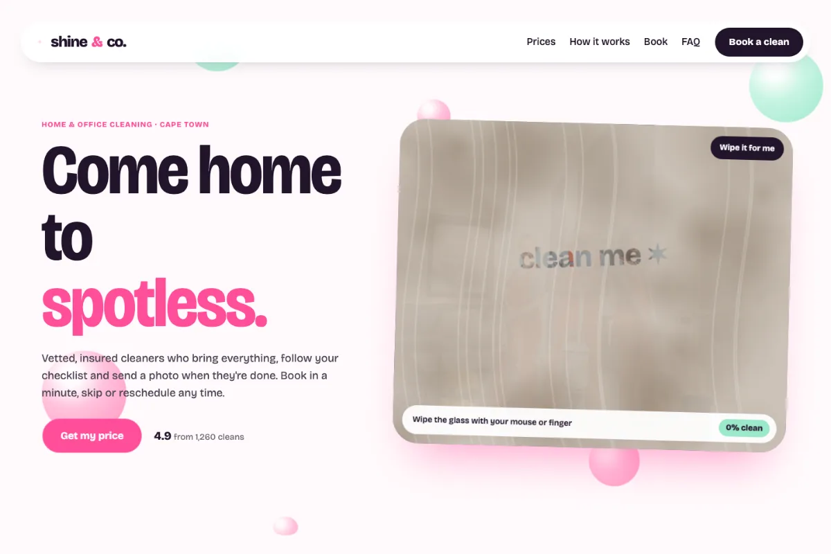 The Shine and Co. Cleaning demo website: a photo you wipe clean and the headline Come home to spotless