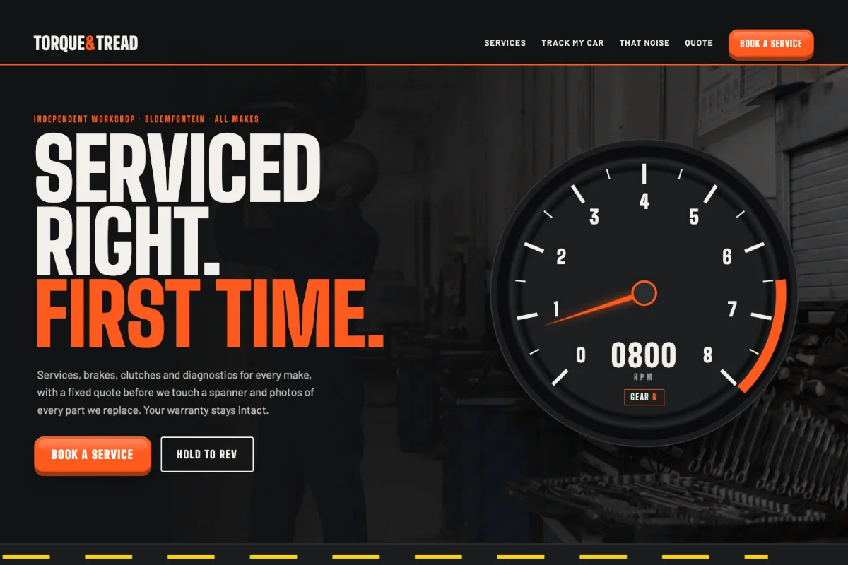 The Torque and Tread Auto demo website: a rev counter and the headline Serviced right. First time.