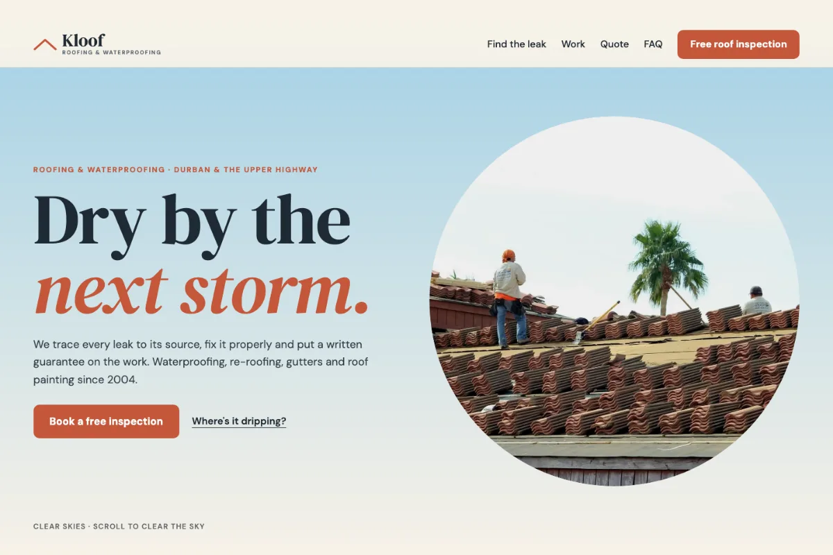 The Kloof Roofing demo website: roofers on a tiled roof and the headline Dry by the next storm