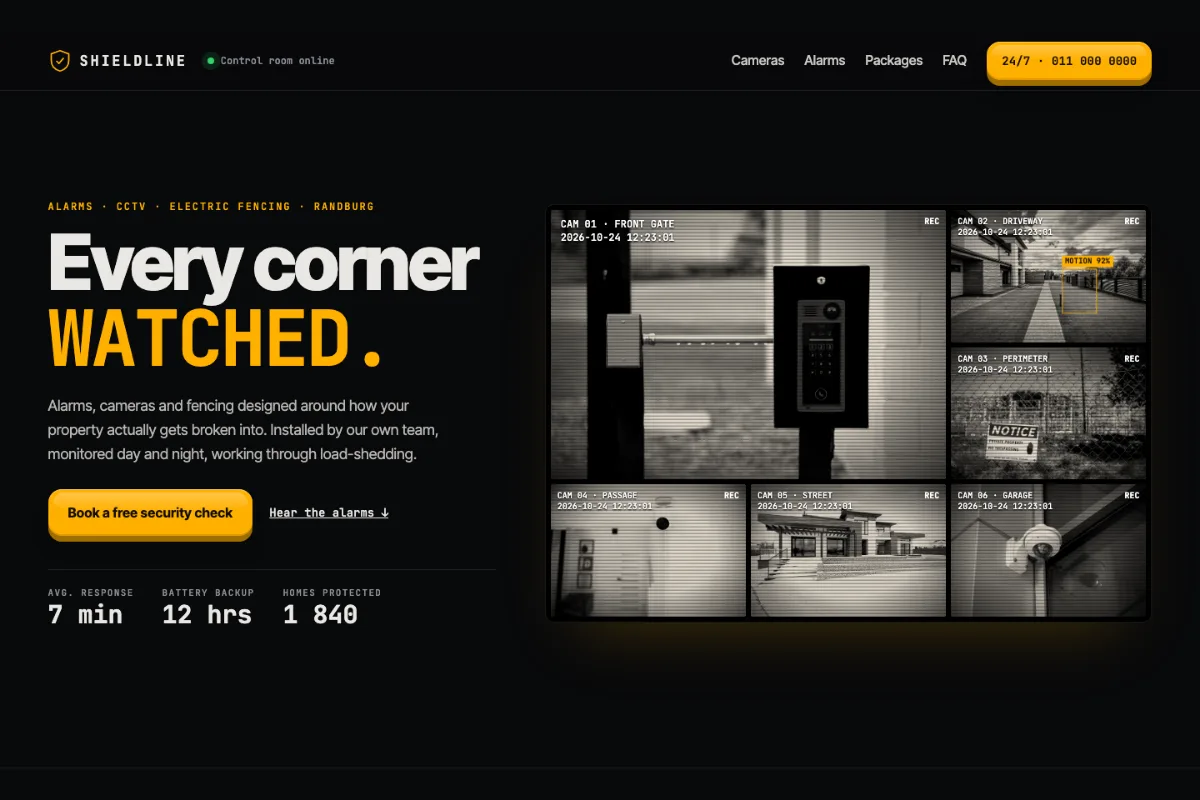 The Shieldline Security demo website: a live camera wall and the headline Every corner watched